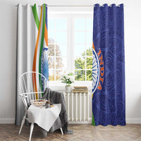 Window curtain set with rod pockets and trim: white panel with tricolor stripe, blue paisley