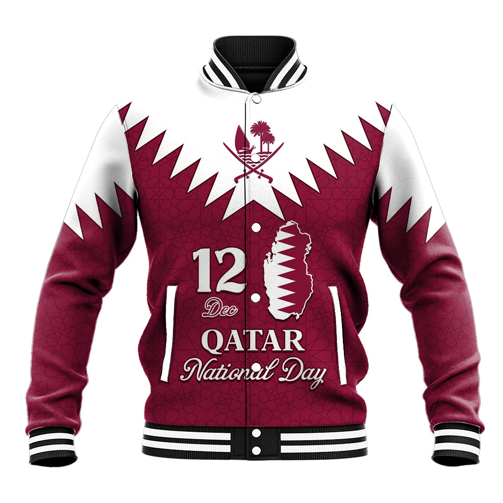 Red and white zip-up varsity baseball jacket with Qatar National Day graphic and map