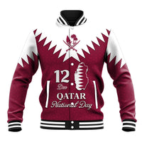 Red and white zip-up varsity baseball jacket with Qatar National Day graphic and map
