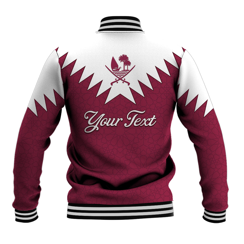Red and white zip-up baseball jacket with back star graphic and "Your Text" print