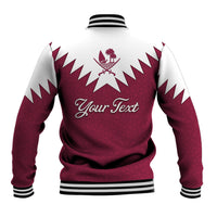 Red and white zip-up baseball jacket with back star graphic and "Your Text" print