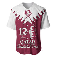 Maroon and white baseball jersey with Qatar map, star emblem, and 'Qatar National Day' print