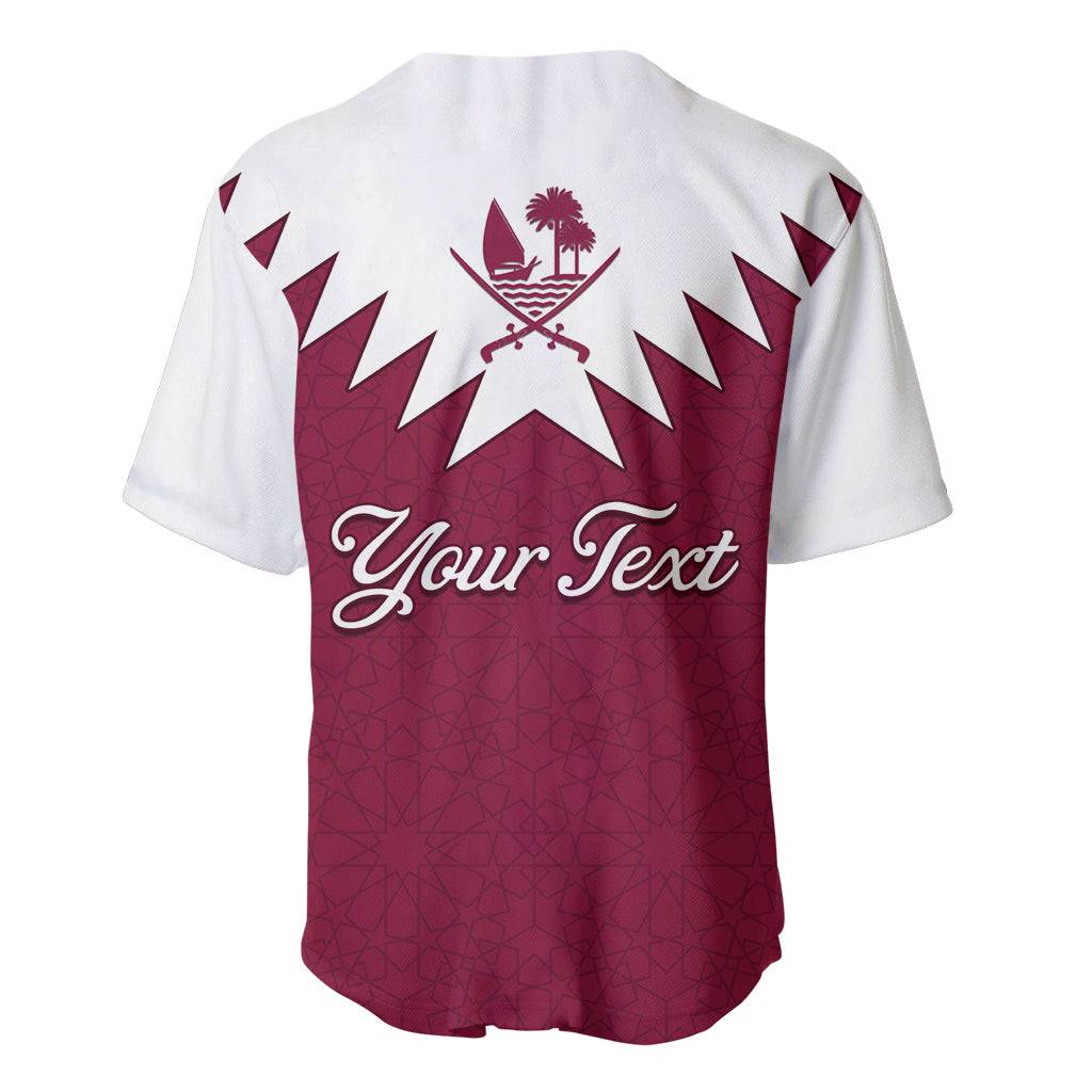 Maroon and white baseball jersey with Qatar emblem and large 'Your Text' script