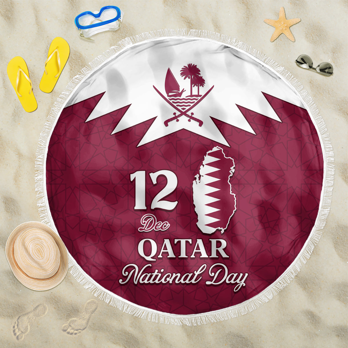 Round red beach blanket with white fringe, Qatar map, and "12 Dec Qatar National Day" text