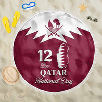 Round red beach blanket with white fringe, Qatar map, and "12 Dec Qatar National Day" text
