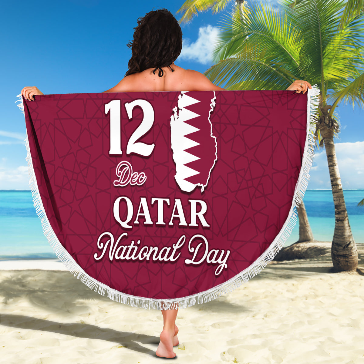 Round red beach blanket with white fringe featuring Qatar map and "12 Dec Qatar National Day"