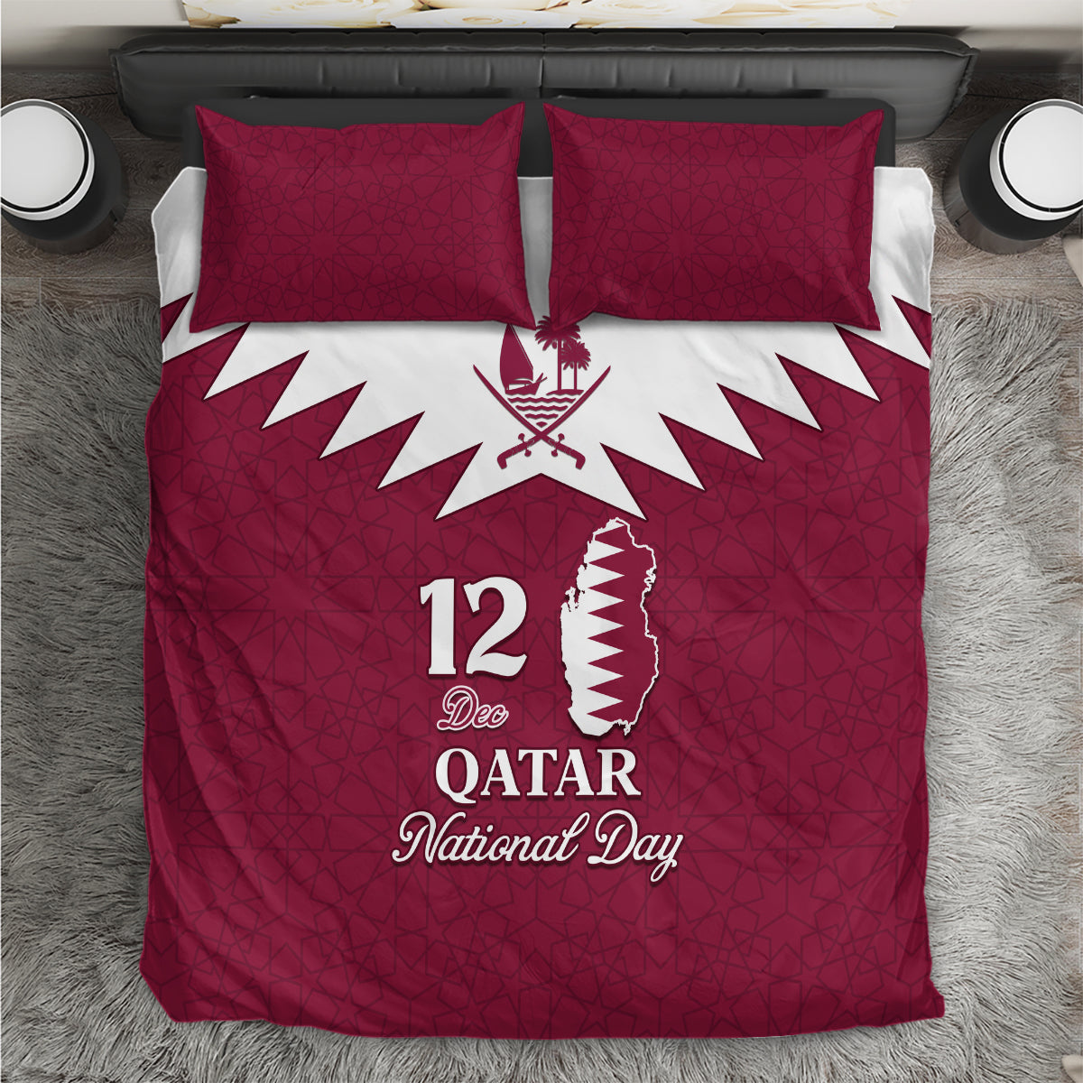 Red Qatar National Day bedding set with two square pillows and white crest on duvet