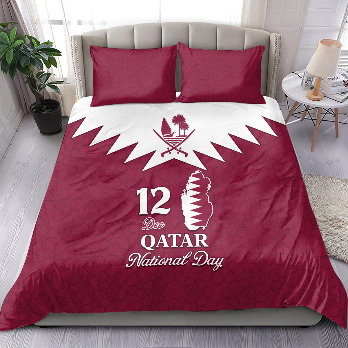 Red bedding set with two square pillows, white zigzag rays, and QATAR 12 Dec print