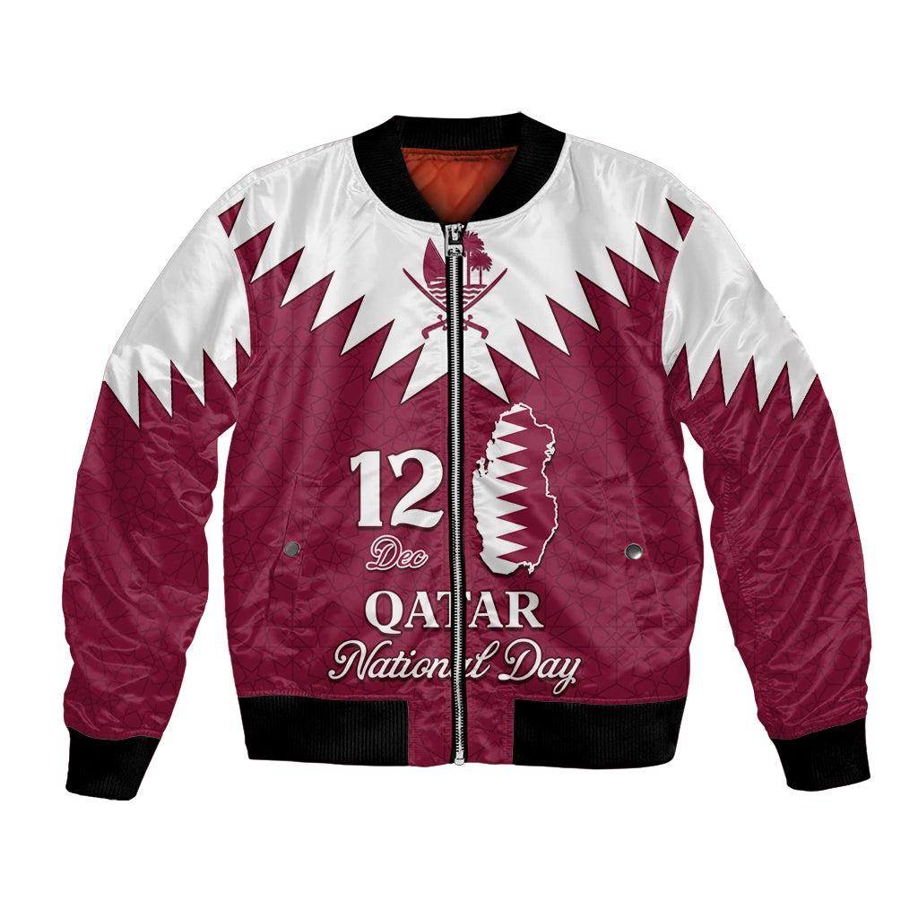 Red and white bomber jacket with front zip, Qatar map and National Day text
