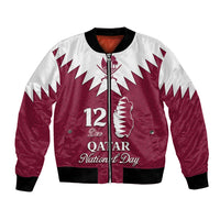 Red and white bomber jacket with front zip, Qatar map and National Day text