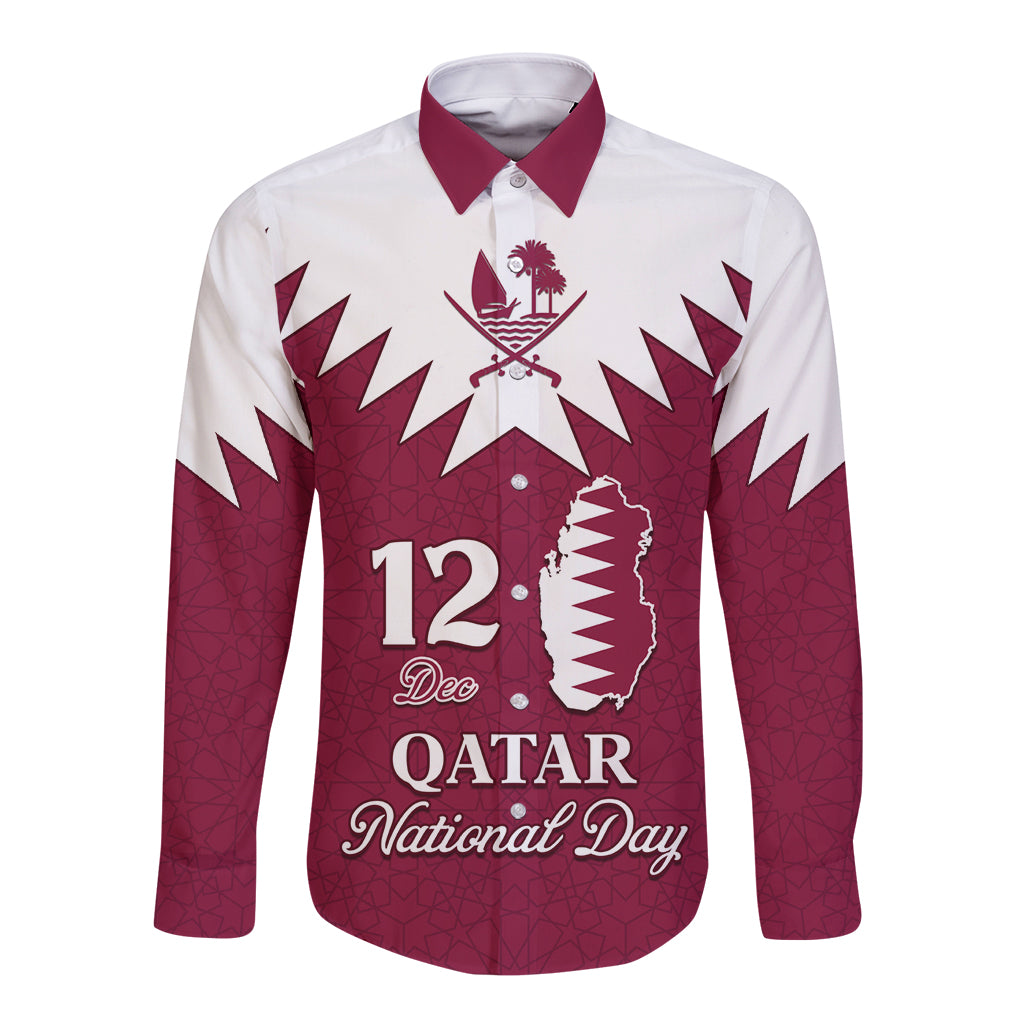 Long sleeve button shirt, red and white front graphic with 'Qatar National Day' text