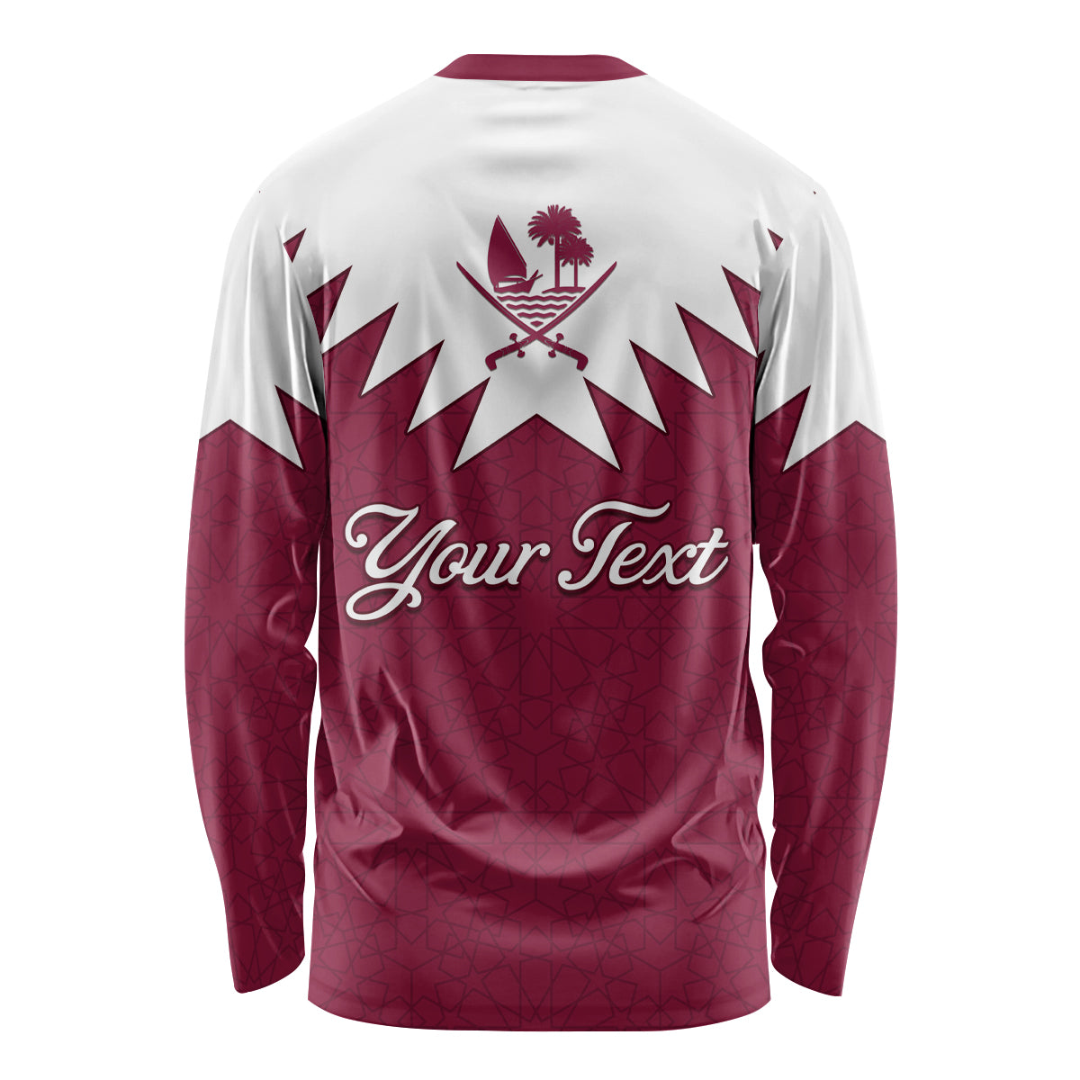 Unisex long-sleeve shirt, back print with red-white Qatar map and 'Your Text'
