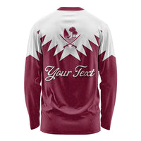 Unisex long-sleeve shirt, back print with red-white Qatar map and 'Your Text'