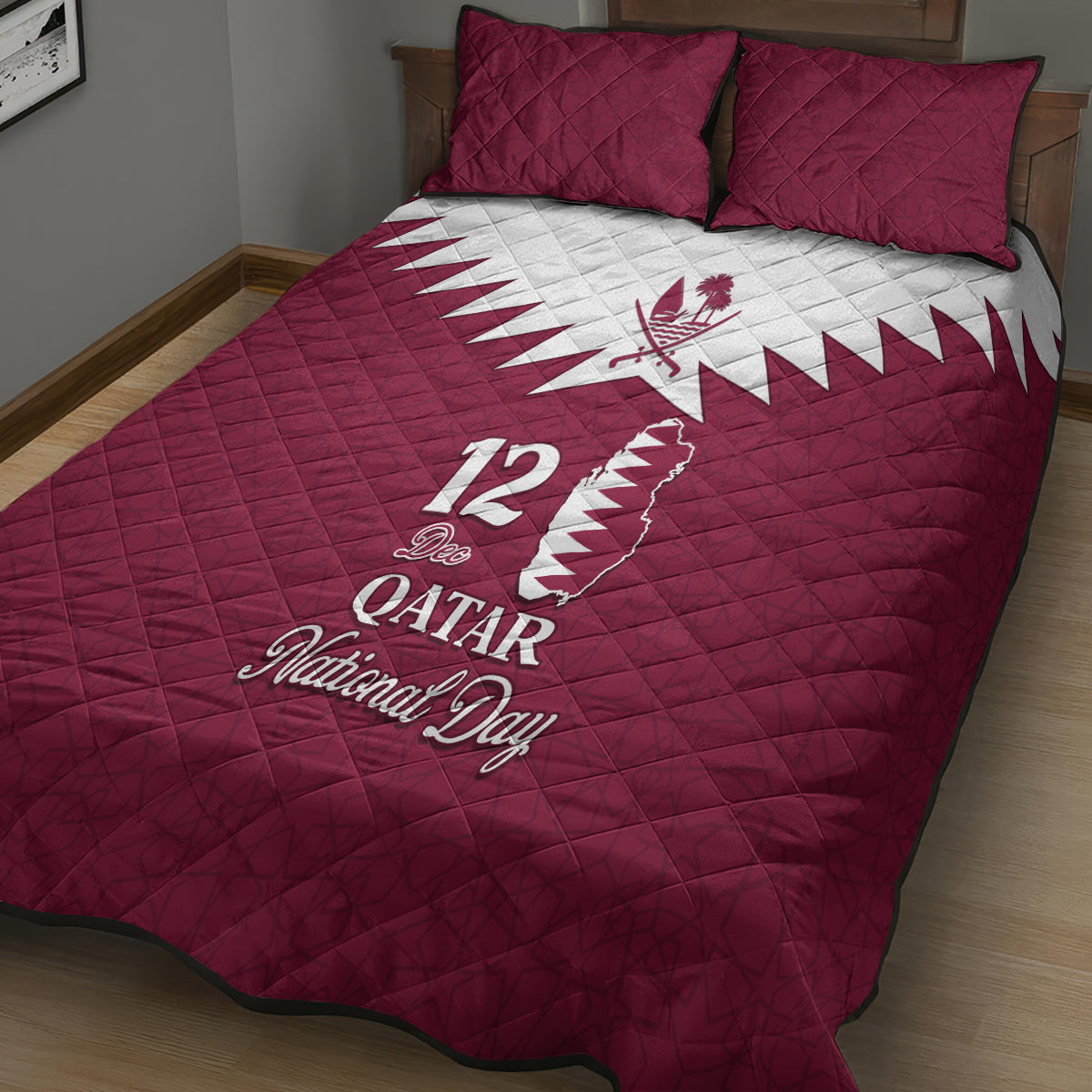 Red quilt bed set on bed, white Qatar map emblem and '12' National Day design with 2 pillows