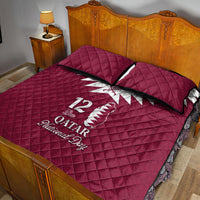 Red quilt bed set with 2 pillow covers, white Qatar map stripe and '12' National Day print