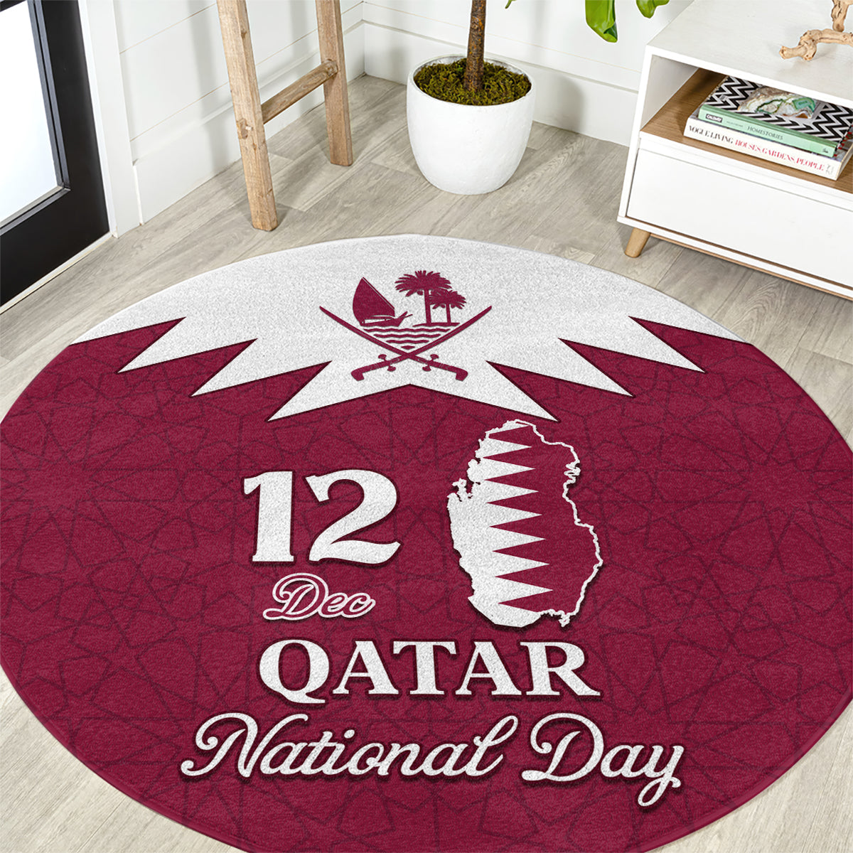Red round carpet with Qatar map, "12 Dec" and National Day lettering, palm crest