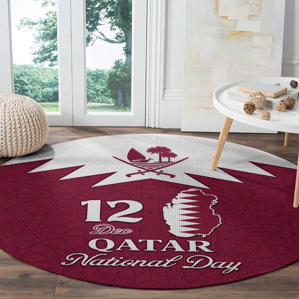 Red round carpet with "12 Dec" and "Qatar National Day" plus Qatar map and palm crest