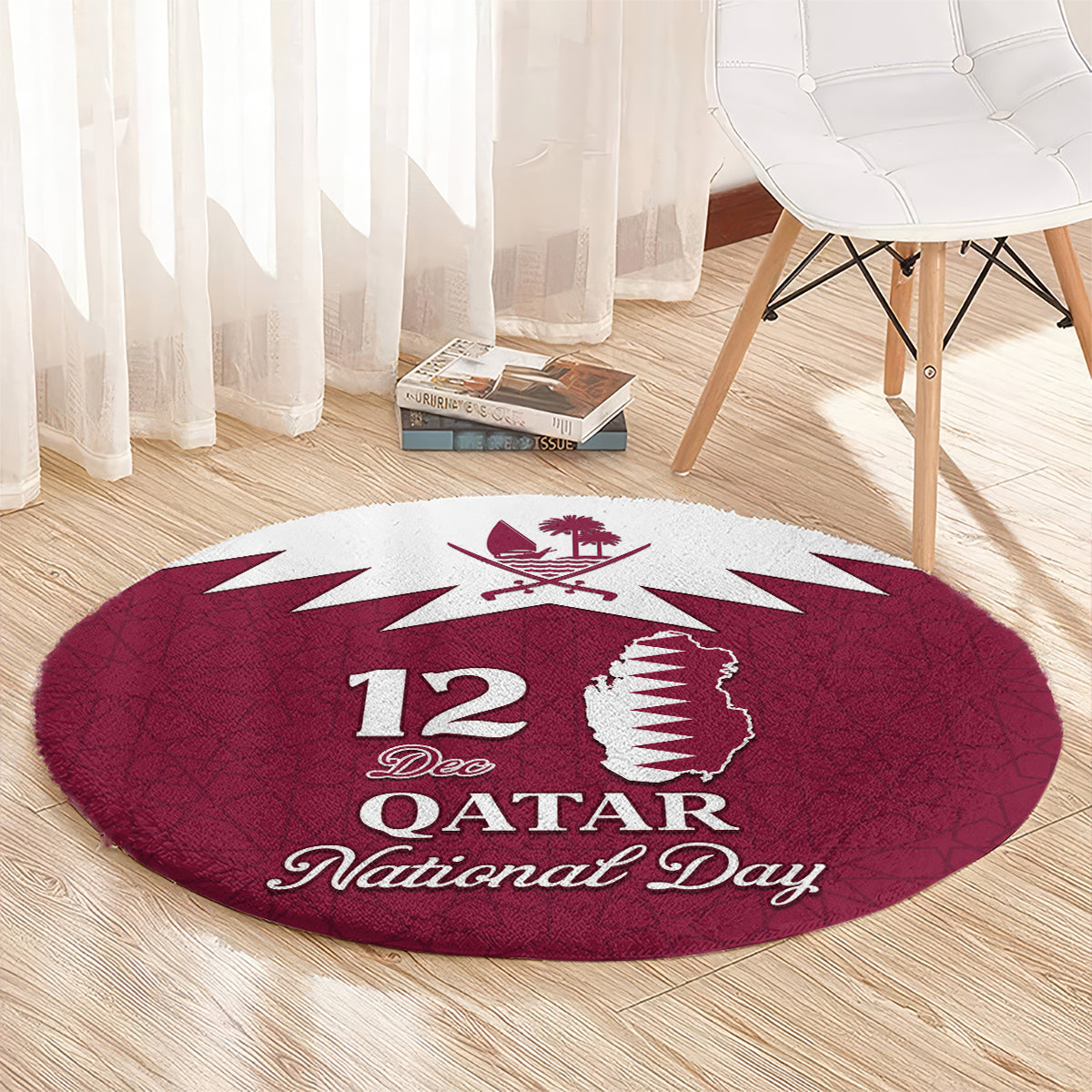 Red round carpet with Qatar map and palm crest, "12 Dec" and "National Day" lettering