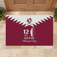 Red rubber doormat with centered Qatar map and '12 Dec Qatar National Day' print