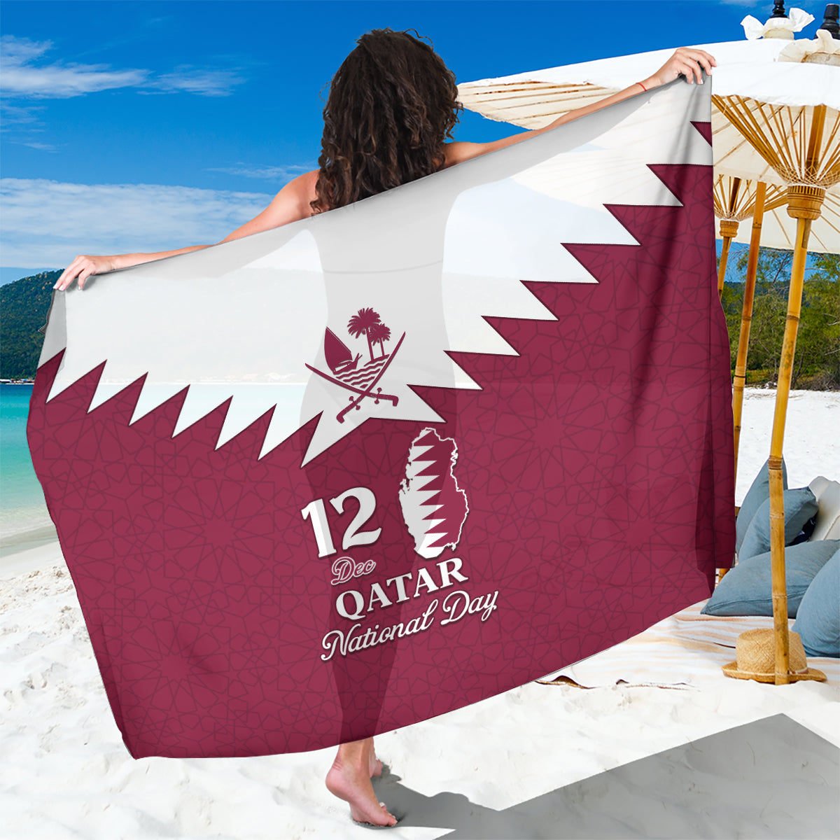 Qatar National Day Sarong Dawlat Qatar Map Islamic Pattern - Wonder Print Shop