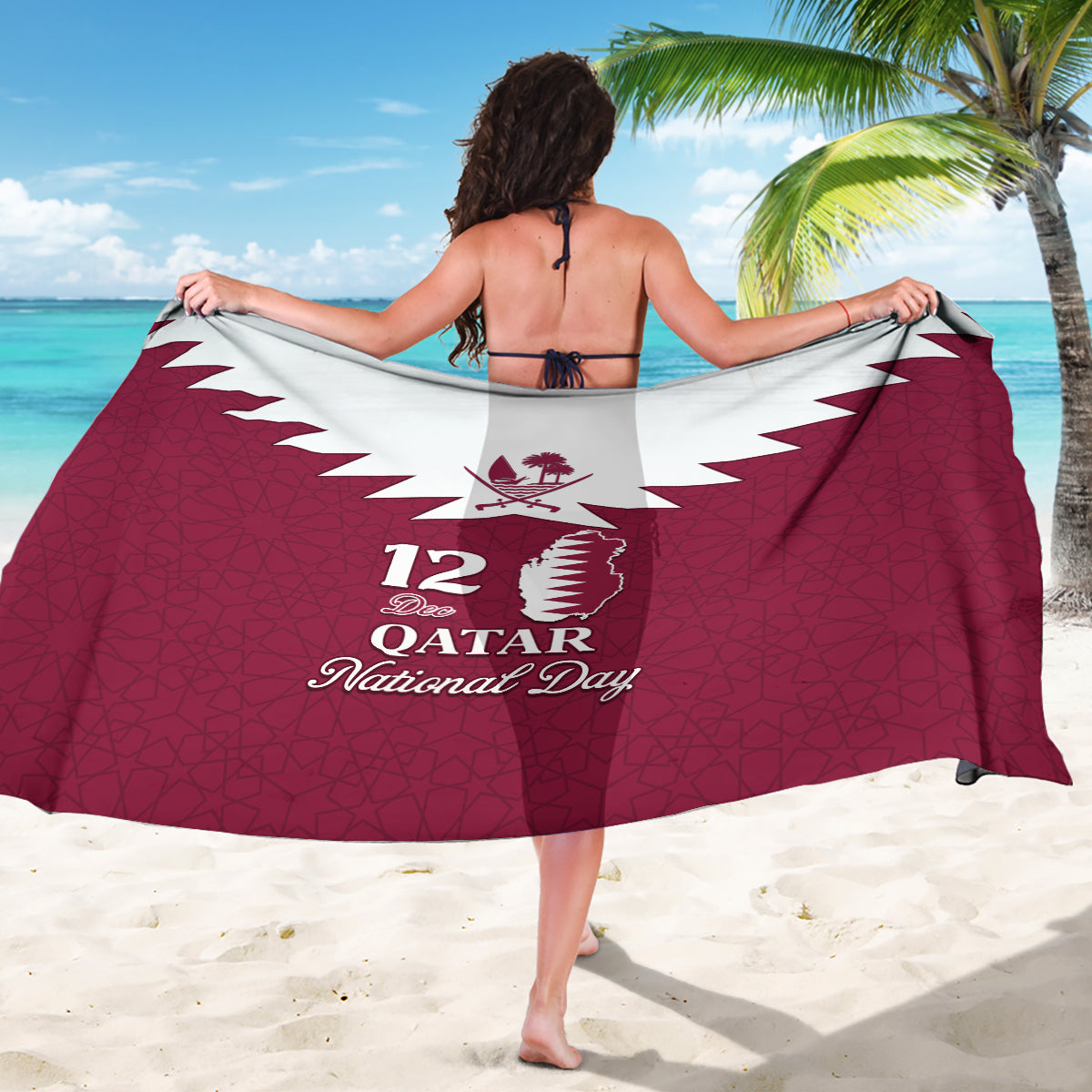 Maroon and white sarong wrap with central Qatar emblem and 12 Qatar National Day design