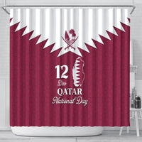 Red Qatar National Day shower curtain with white Qatar map outline, 12 Dec and emblem