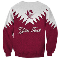 Qatar National Day sweatshirt in maroon/gray, back print says 'Your Text' with crest
