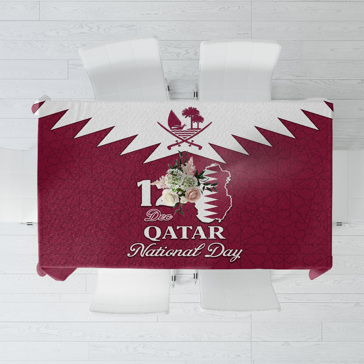 Red tablecloth with Qatar map, Islamic pattern, and “Qatar National Day” lettering.