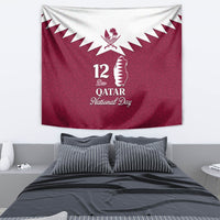Red Qatar National Day tapestry with white chevron rays, emblem and Qatar silhouette