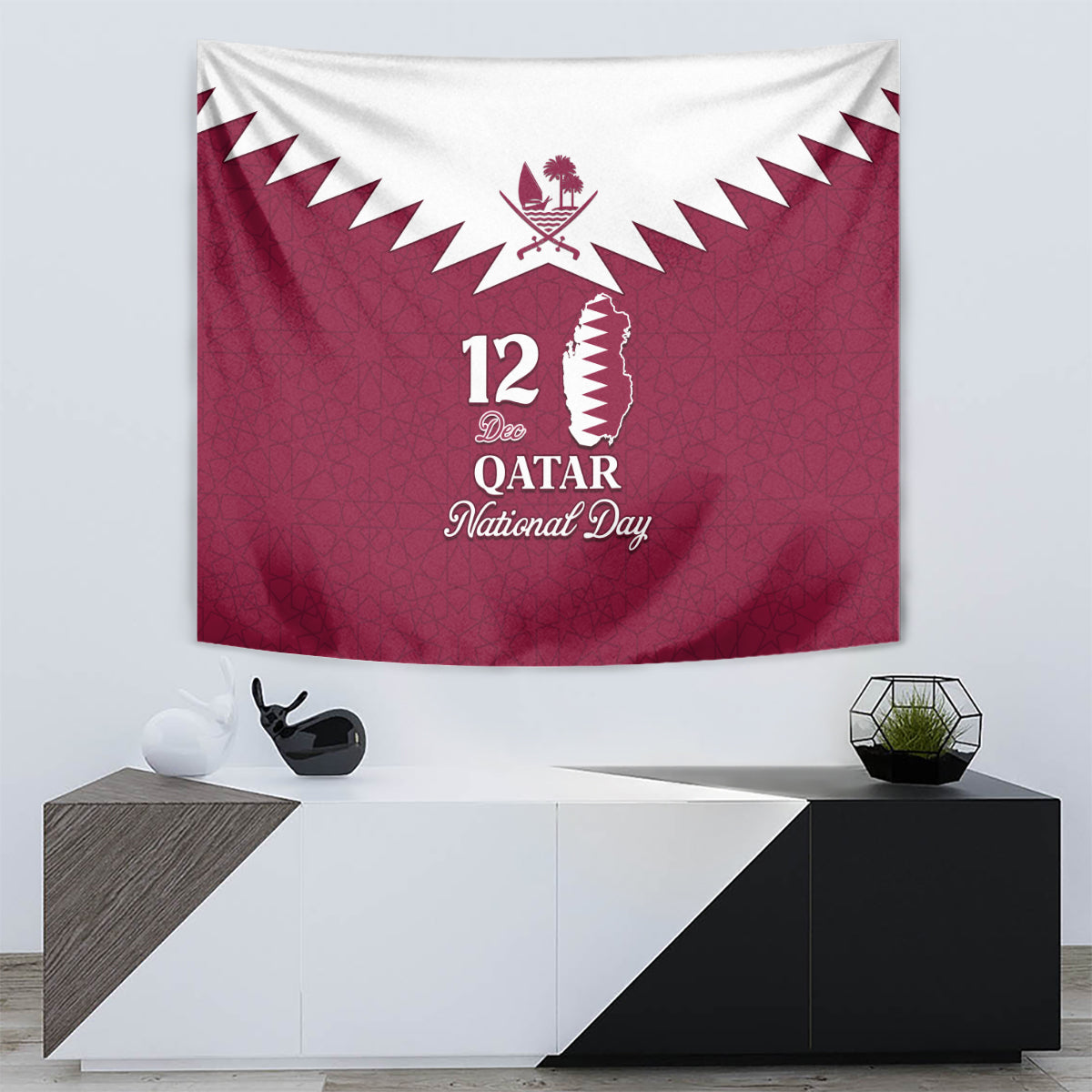 Red Qatar National Day wall tapestry with white Qatar outline and '12 Dec' lettering