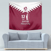 Red Qatar National Day tapestry with central Qatar map silhouette and date text