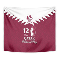 Red Qatar National Day tapestry with white Qatar map silhouette and decorative badge