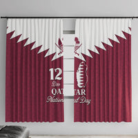 Red and white Qatar-themed window curtain panels with map and Islamic pattern