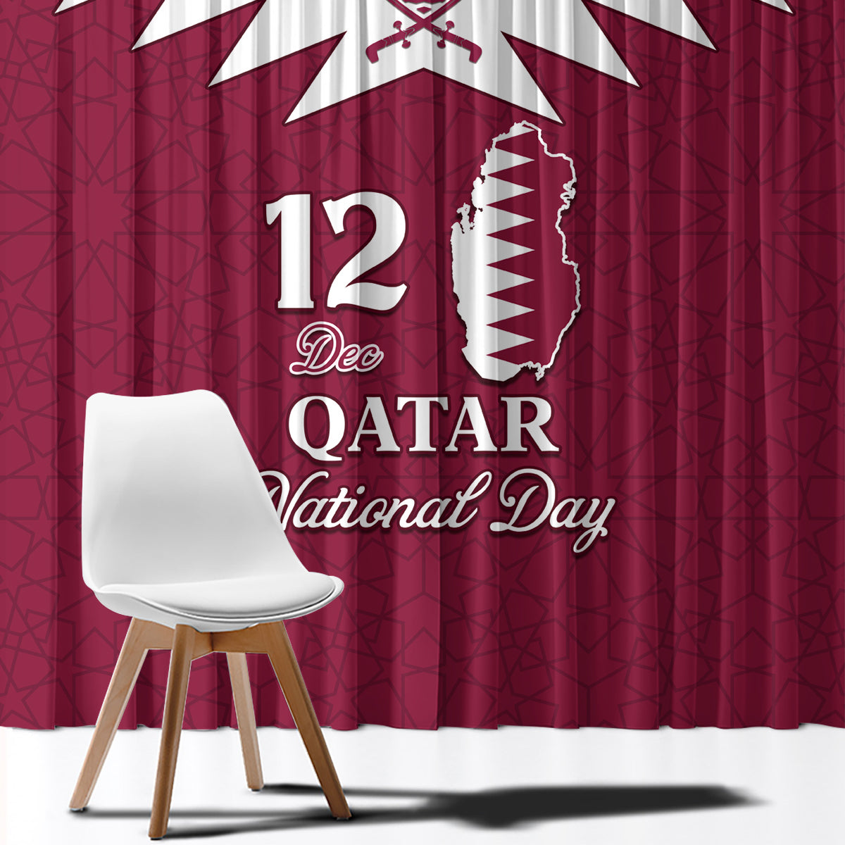 Red and white Qatar National Day window curtain with large map and date text