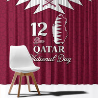 Red and white Qatar National Day window curtain with large map and date text