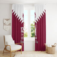 Red and white window curtain panels featuring Qatar map and “12 Dec” motif