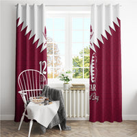 Red and white Qatar window curtain panels with bold map graphic and date design