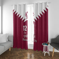 Red and white window curtain panels with Qatar map and National Day lettering