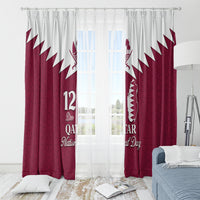 Red and white Qatar-themed window curtain panels with map graphic and eyelet top