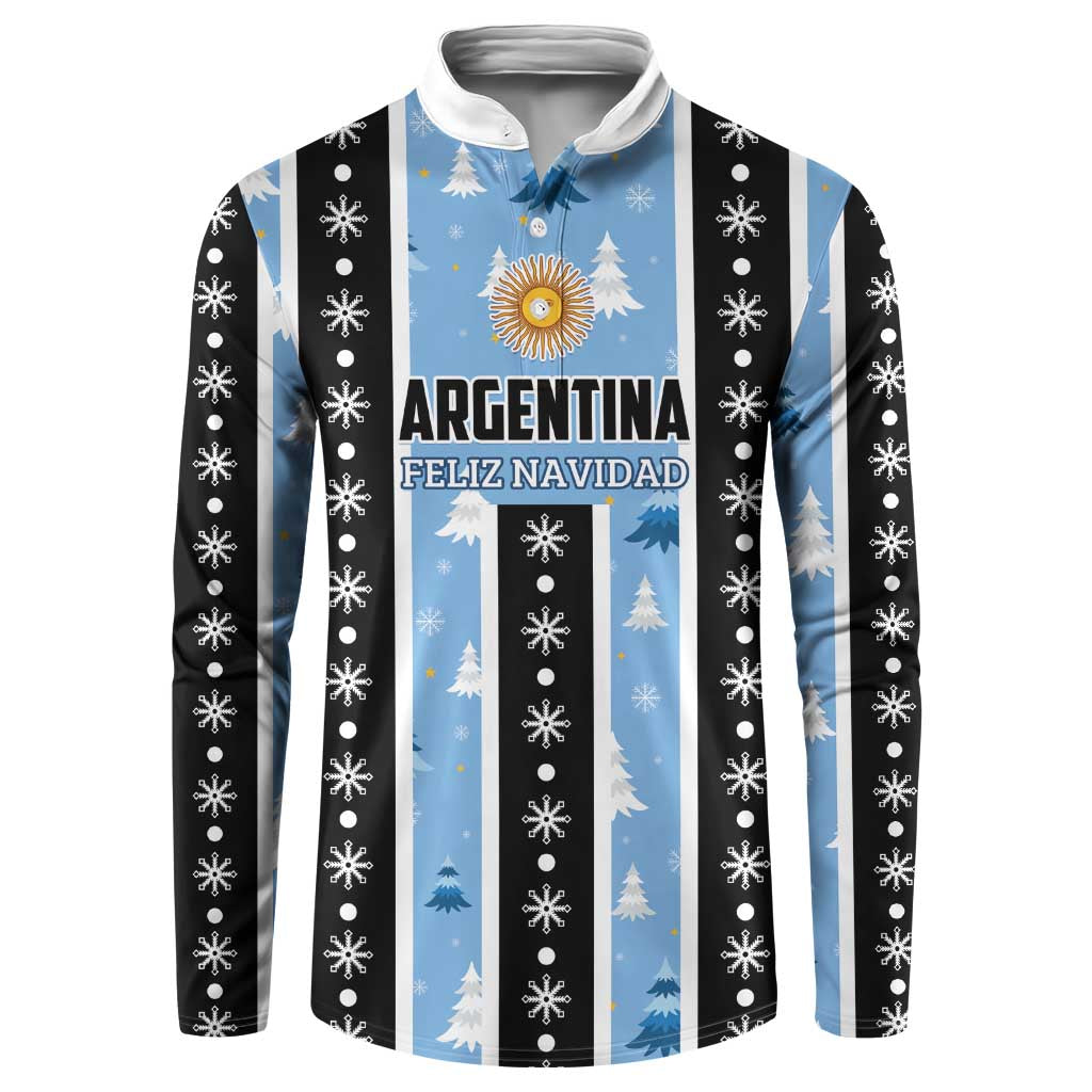 Men's Christmas button sweatshirt, blue and black stripes with trees and snowflakes