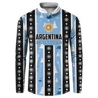 Men's Christmas button sweatshirt, blue and black stripes with trees and snowflakes