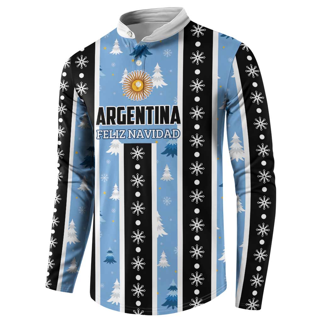 Men's Christmas button sweatshirt, blue and black stripes with Argentina Feliz Navidad