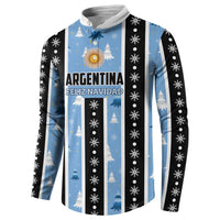 Men's Christmas button sweatshirt, blue and black stripes with Argentina Feliz Navidad