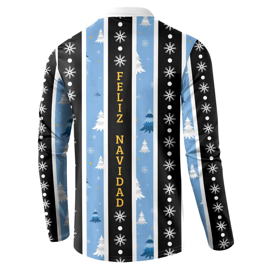Men's Christmas button sweatshirt, back print with Feliz Navidad, trees and snowflakes