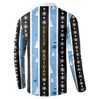 Men's Christmas button sweatshirt, back print with Feliz Navidad, trees and snowflakes