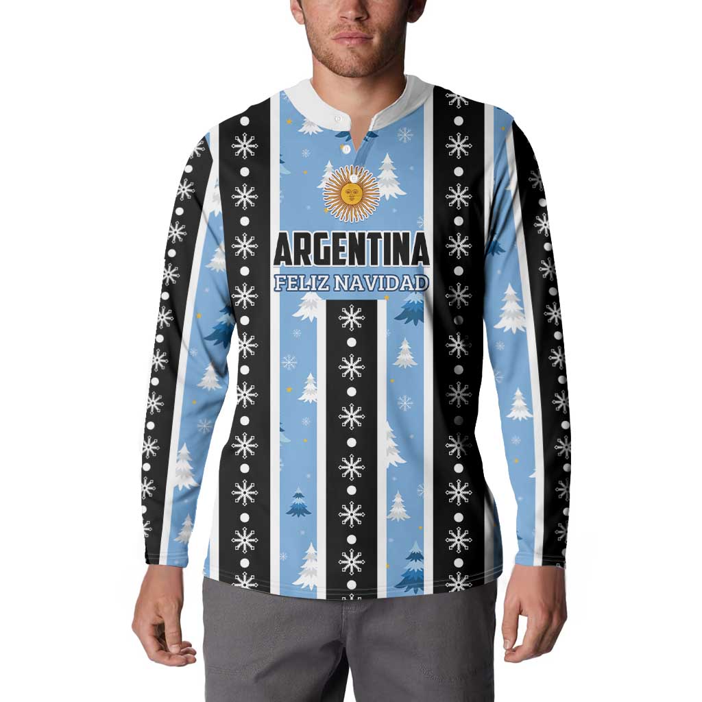 Men's Christmas button sweatshirt, blue and black striped front with Argentina Feliz Navidad