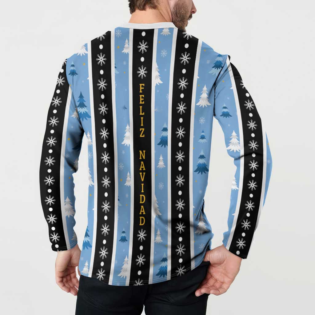 Men's Christmas button sweatshirt, reverse print with vertical Feliz Navidad and snowflake pattern