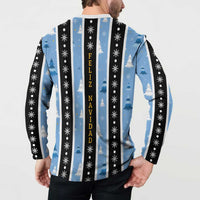 Men's Christmas button sweatshirt, reverse print with vertical Feliz Navidad and snowflake pattern