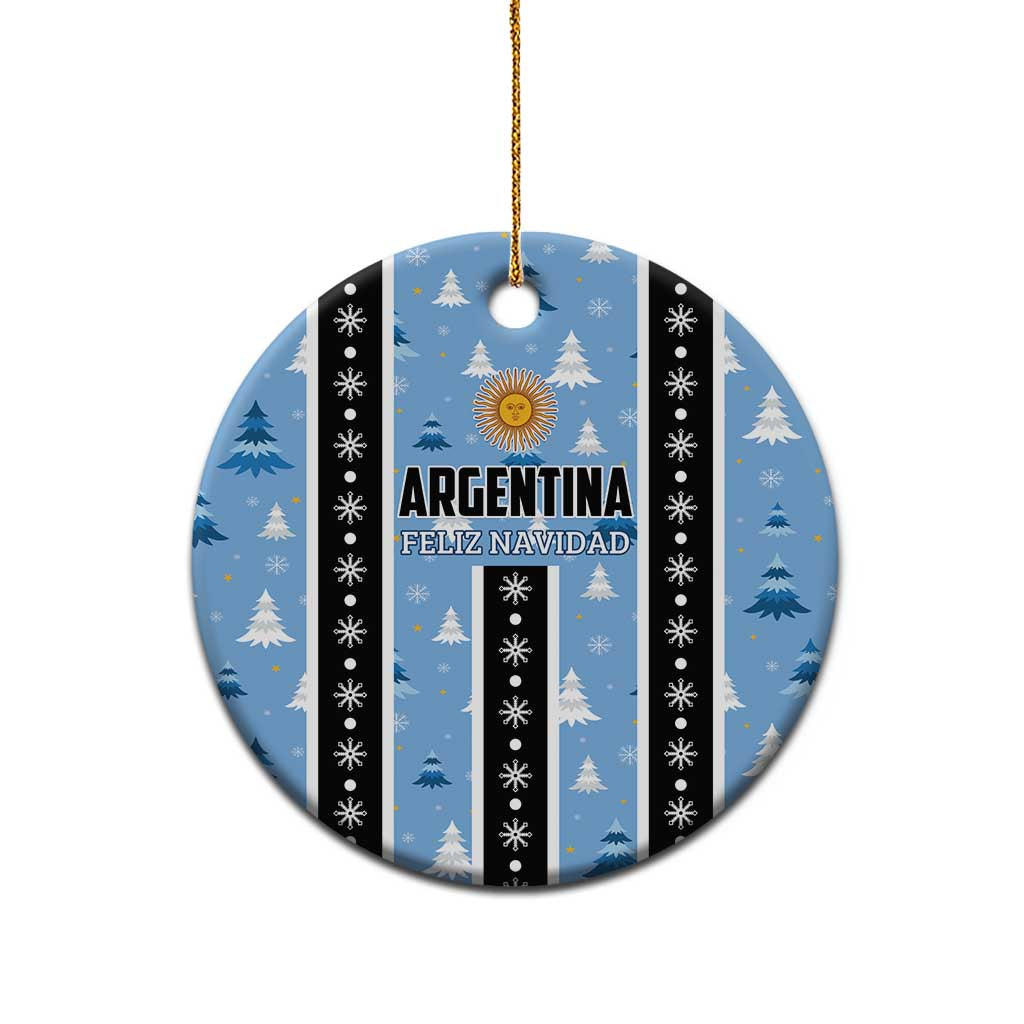 Blue circle Argentina Feliz Navidad ornament with gold hanging loop and striped snow tree pattern.