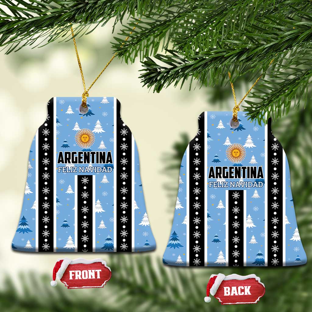 Blue bell-shaped Argentina Feliz Navidad ornaments with striped design, gold sun, front and back tags.